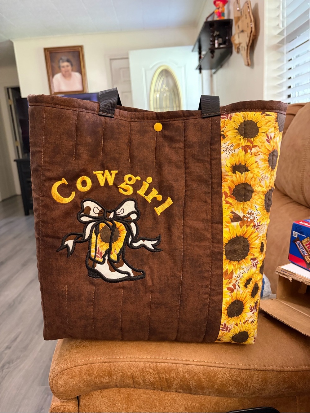 Sunflower Cowgirl Quilted Tote Bag - Brown & Yellow